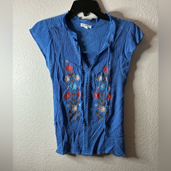 Blu Pepper Blue Tie Front Cap Sleeve Blouse L - Picture 2 of 10